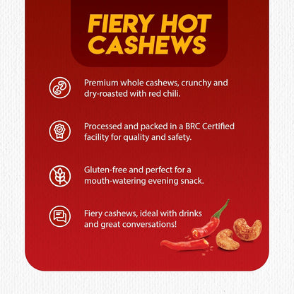 Pureheart Nutreat Fiery Hot Cashews, Premium Spicy Roasted Masala Cashew Nuts/Kaju Dry Fruit | Protein & Fiber Rich Chili Cashews| Crunchy Snack | No Artificial Colors, Flavors, Preservatives