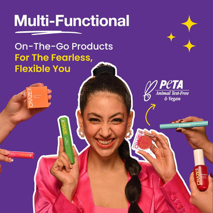 Woman holding various small containers with a purple background and PETA logo.