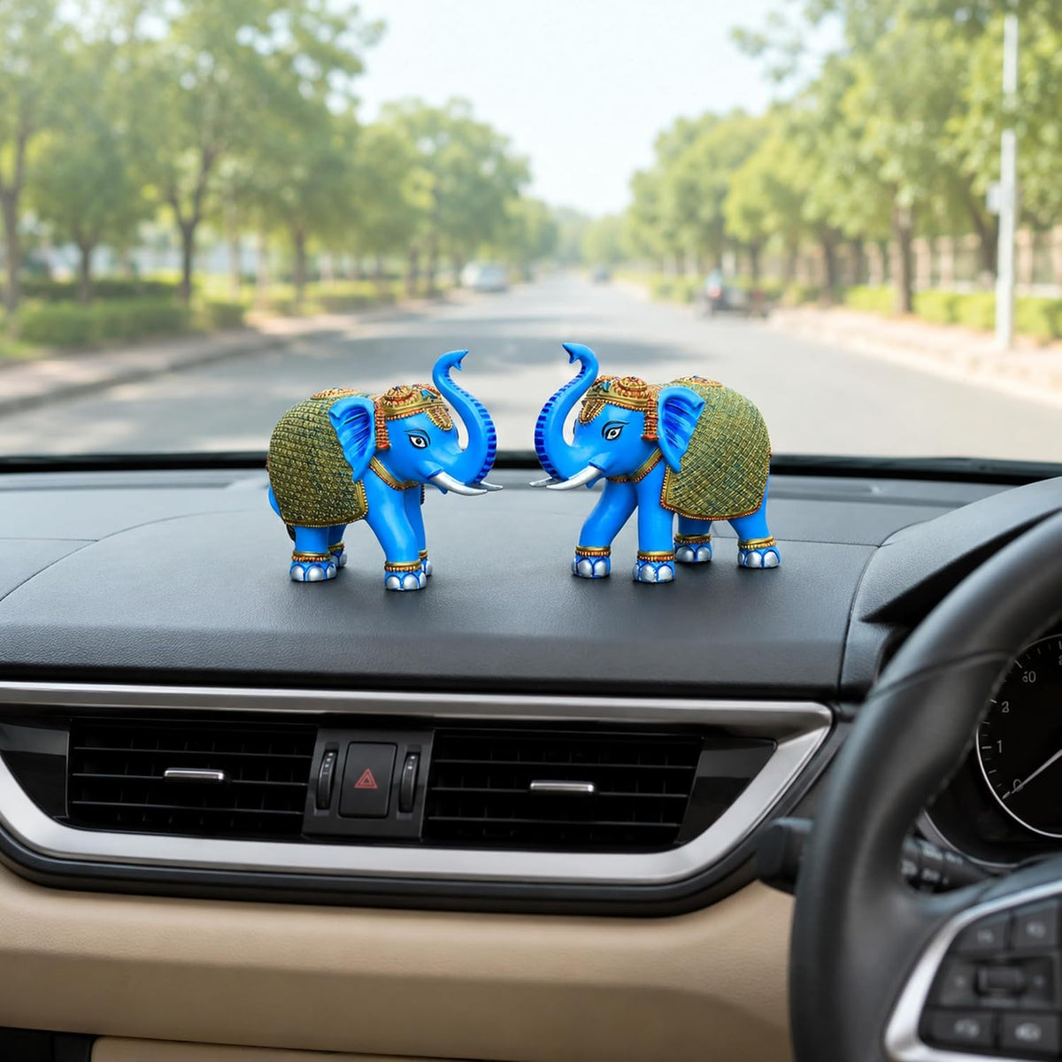 Blue Gold Mini Elephant Showpiece Pair, Car Dashboard, 3 Inch