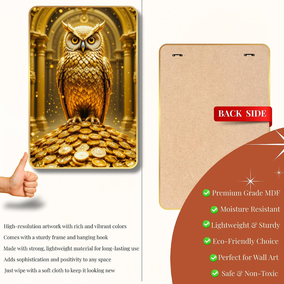 Golden Owl Sitting on Coins | Vastu Painting for Wealth & Prosperity | Golden Decorative Owl Wall Décor for Home & Office (Style-03, 12x18 inch)