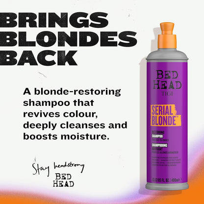 Bed Head TIGI Serial Blonde Restoring Shampoo for Damaged Hair, Colour Enhancing & Protection Shampoo with Keratin for Blonde Coloured Hair, Restores & Revives, UV Protection, Deep Cleanses & Moisturizes Hair, Exotic Tropical Fragrance, 600ml