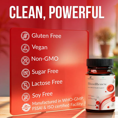 Bottle of Blood Renew with certification labels on a red background