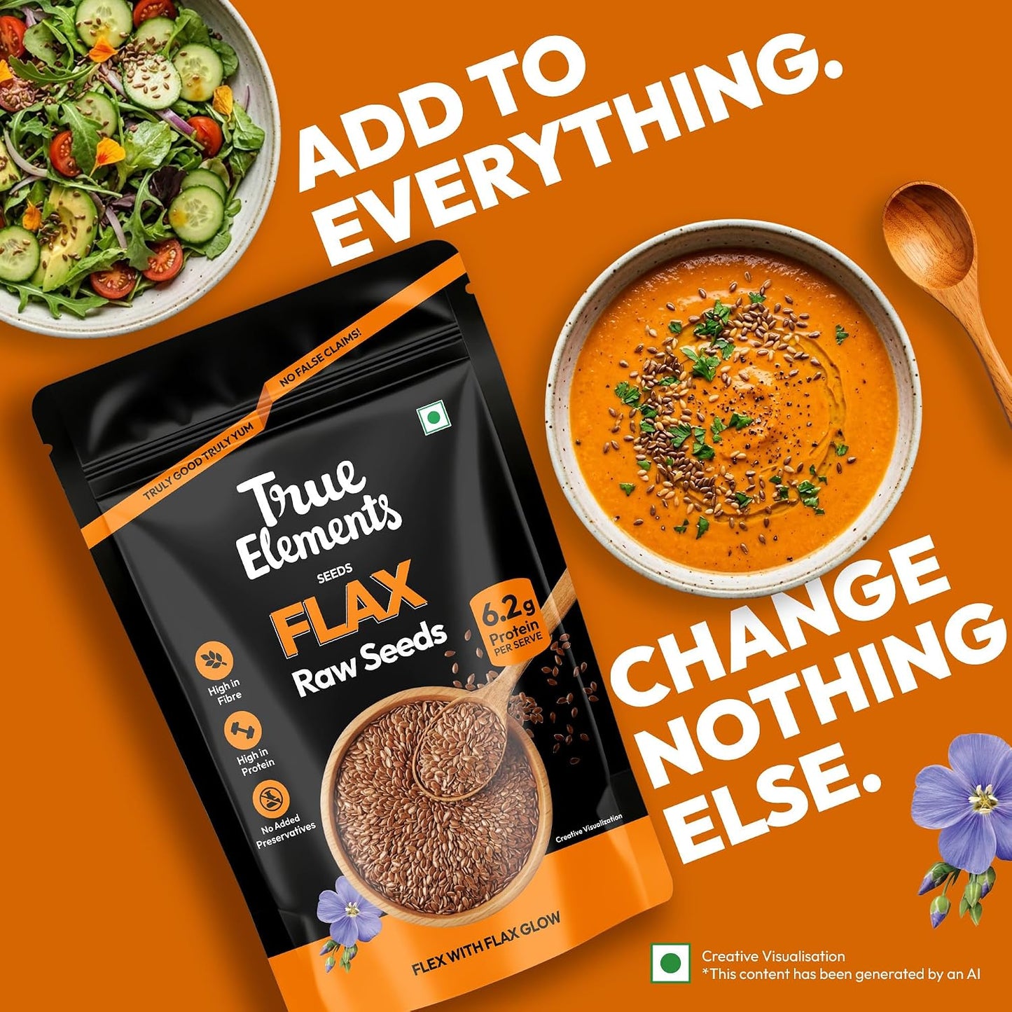 True Elements Flax Seeds 500g - Alsi Seeds with Omega 3, 27g Fibre per 100g | Seeds for Heart Health & Daily Nutrition