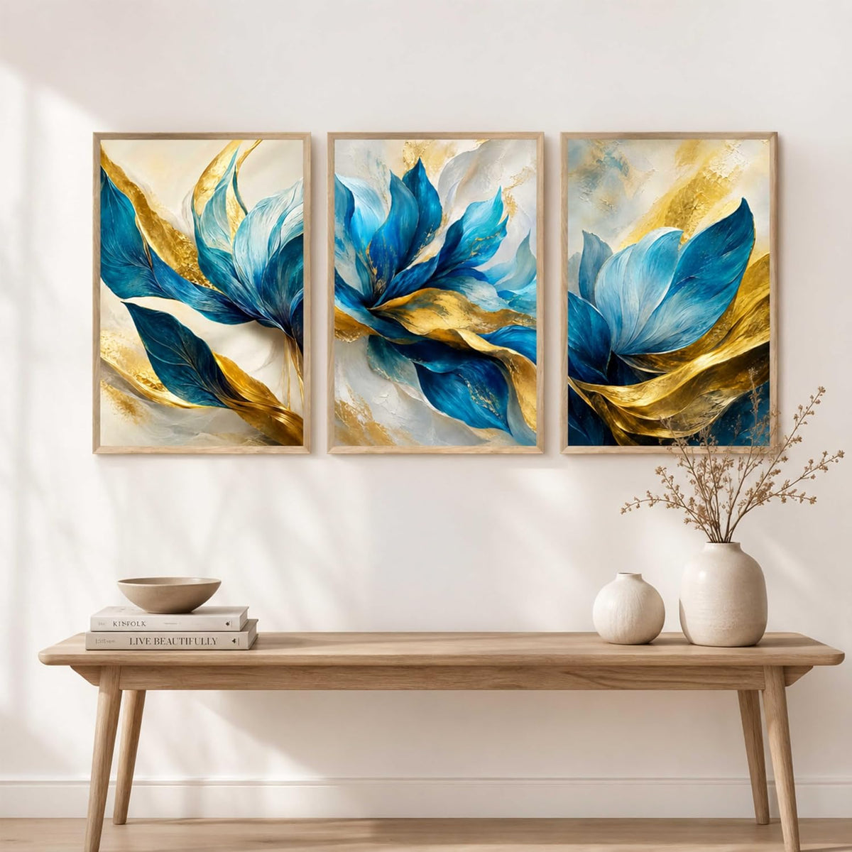 Blue Gold Floral Leaf Wall Painting Set of 3 for Kids Room Bedroom Living Room Hall Decor, Abstract Botanical Art, Premium Wooden Synthetic Frame (13.5 x 19.5) NM03-152