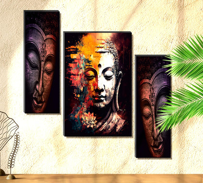 Buddha Face with Lotus Abstract Wall Art – 3-Panel UV-Printed Zen Triptych | Ready-to-Hang Spiritual Meditation Décor for Home & Office (20 Inch x 12 Inch) JM-35304