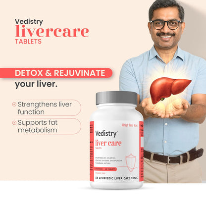 Vedistry Livercare Tablets | Ayurvedic Liver Detox Supplement for Fatty Liver & Sluggish Metabolism | Clinically tested | 22% reversal in fatty liver | Ayurvedic Liver Care with Bhumiamalaki, Kutaki & Amalaki for Detox & Liver Restoration – 60 Tablets