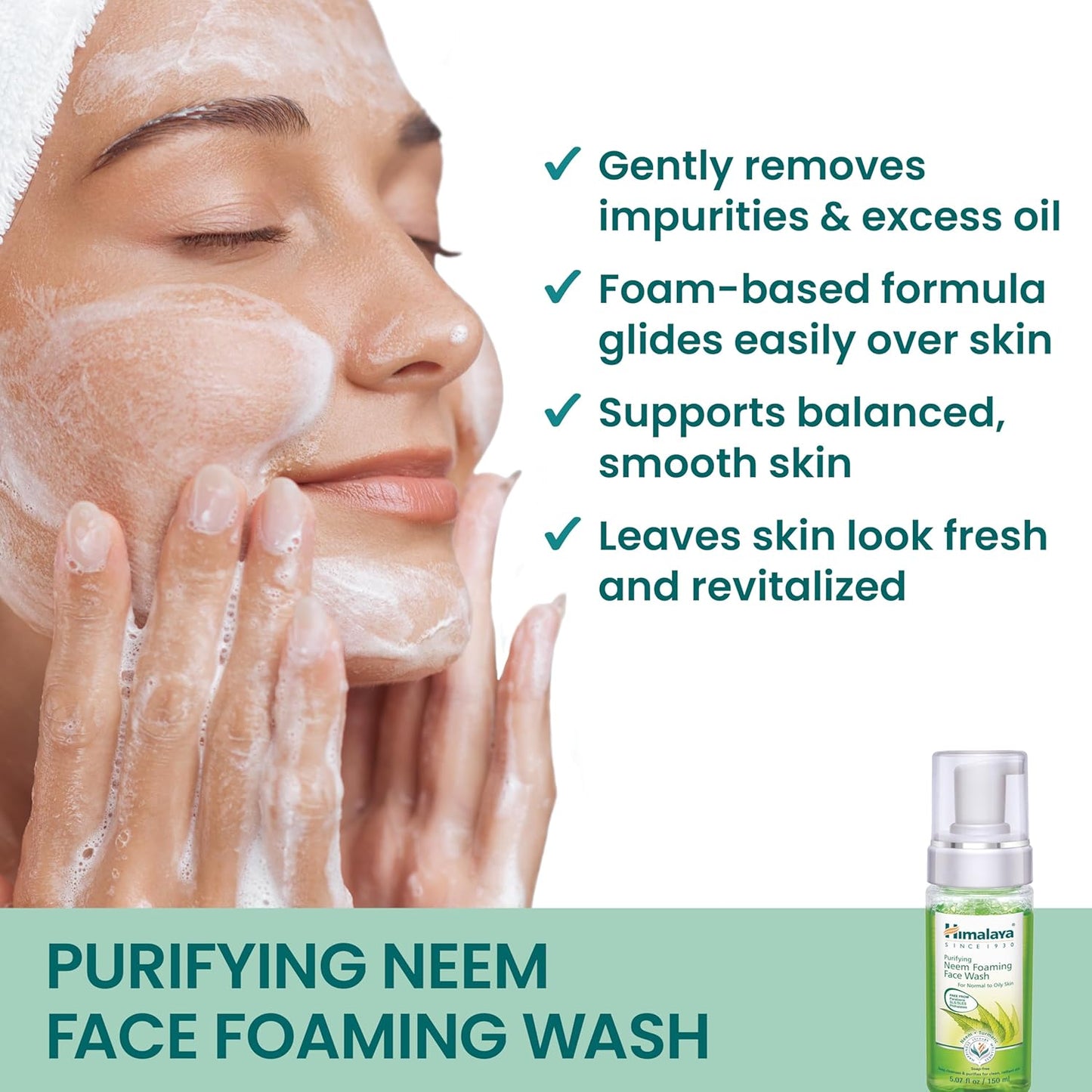 Person applying face foam wash with product bottle and text highlighting benefits on a green background