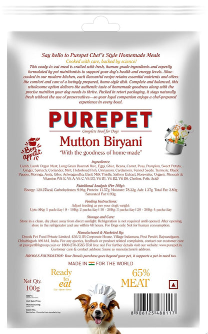Purepet Fresh Dog Food Mutton Biryani, for Adult & Puppy, 100gm | High Protein, 65% Real Meat, 35% Veggies & Rice | No Preservatives | Ready to Serve | All Breeds | One Pack One Meal