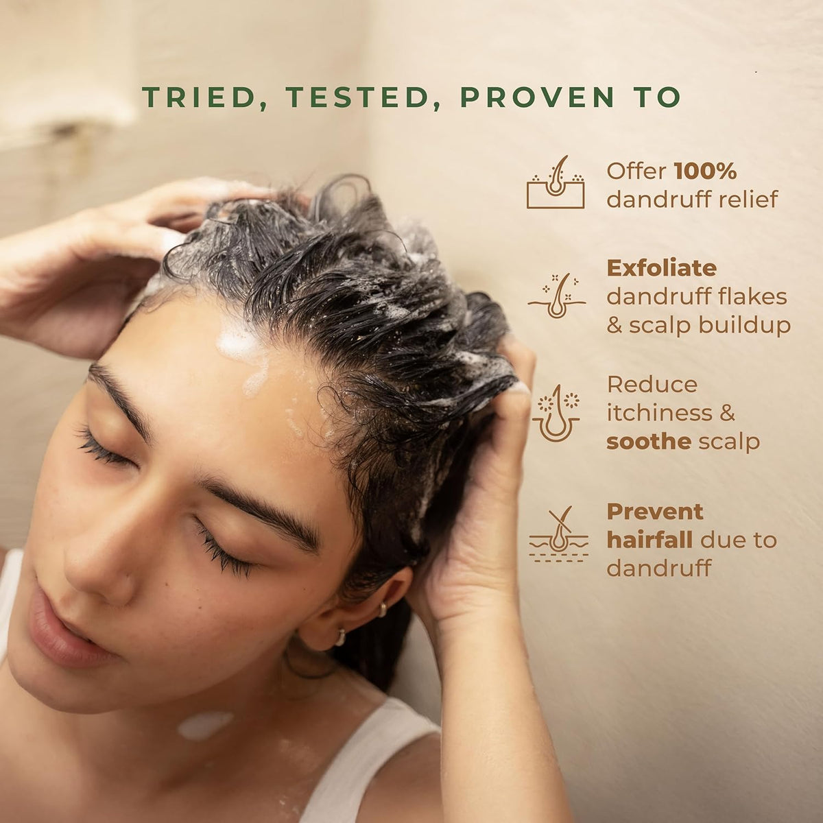 Woman washing her hair with text highlighting dandruff relief benefits.