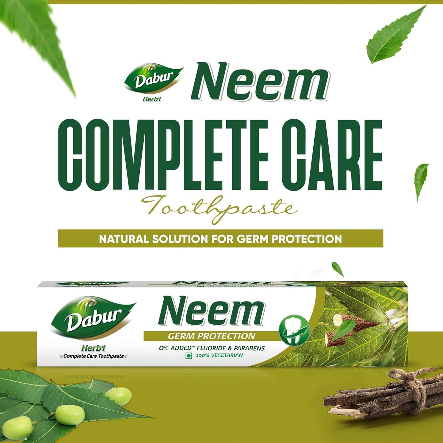Dabur Herb'l Neem Germ Protection Toothpaste - 200g | No Added Flourides & Parabens | Neem Fights Bacteria (Pack of 2)