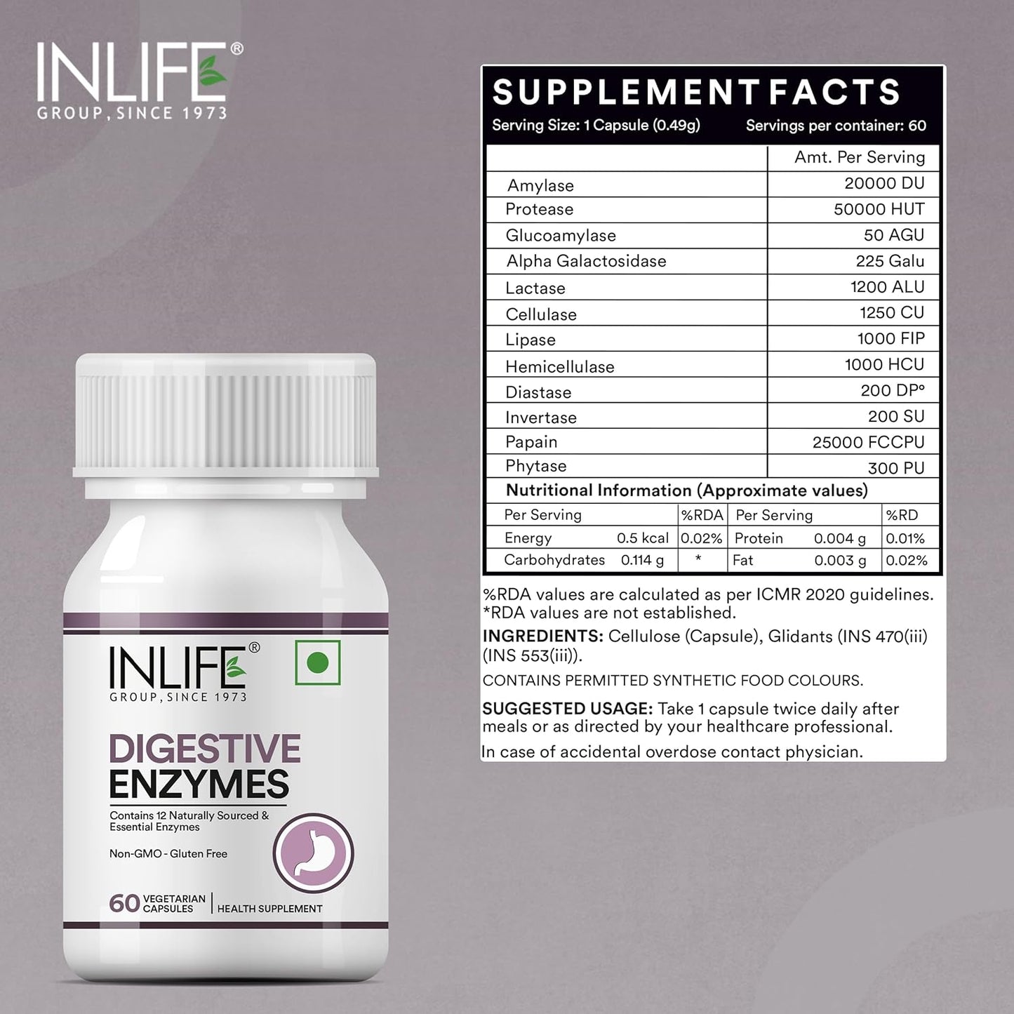 INLIFE Digestive Enzymes Supplement | Contains 12 Naturally Sourced & Essential Enzymes | Supports Healthy Digestion - 60 Vegetarian Capsules (Pack of 1, 60)