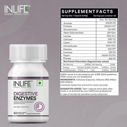 INLIFE Digestive Enzymes Supplement | Contains 12 Naturally Sourced & Essential Enzymes | Supports Healthy Digestion - 60 Vegetarian Capsules (Pack of 1, 60)