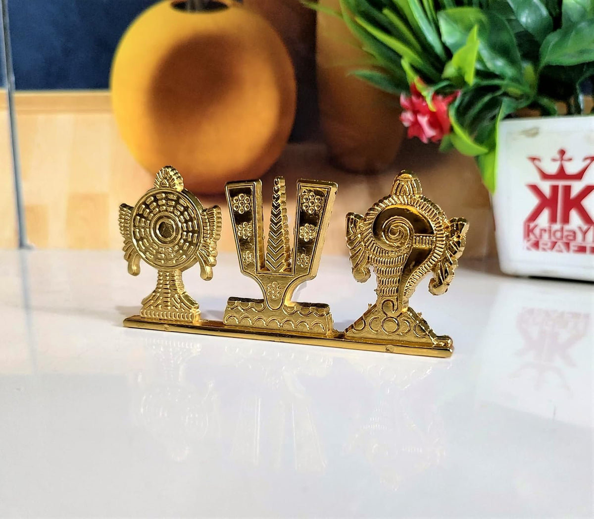 Tirupati Balaji Symbol Stand Shankh Chakra Namah Gold Plating Antique Decorative for Car Dashboard Home & Office Table Showpiece Figurines,Religious Gift Idol...