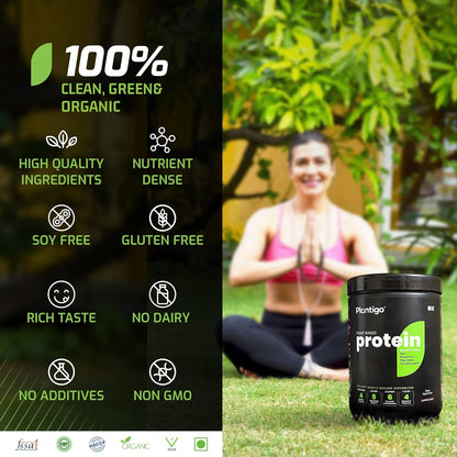 Woman sitting outdoors with a protein supplement container labeled 'Pantigo' on a green background.