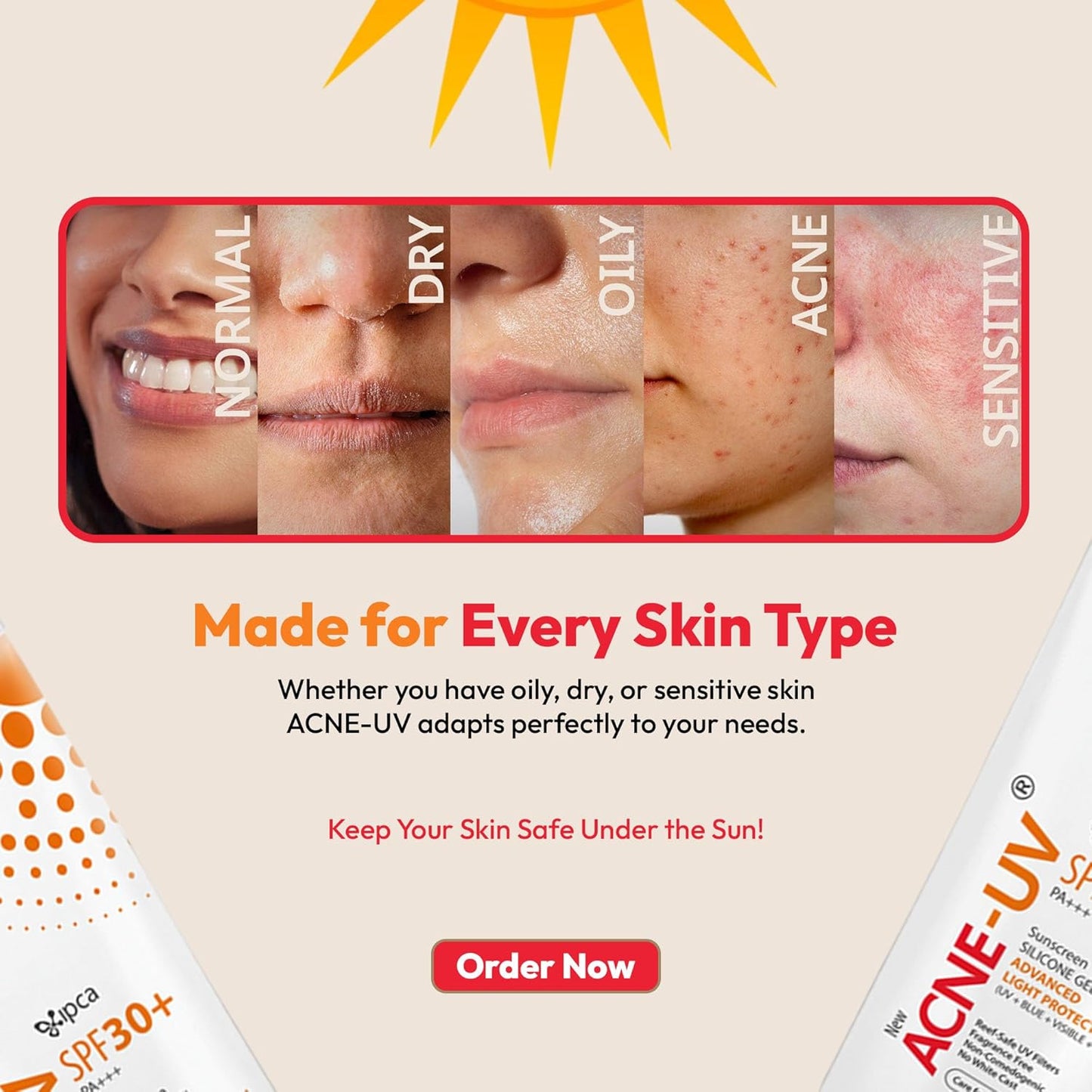 Promotional graphic for an acne-UV sunscreen SPF 30+ tube, featuring a central panel with close-up skin texture examples labeled normal, dry, oily, acne, and sensitive. Text reads 'Made for Every Skin Type' and 'Keep Your Skin Safe Under the Sun!' with an 'Order Now' button.