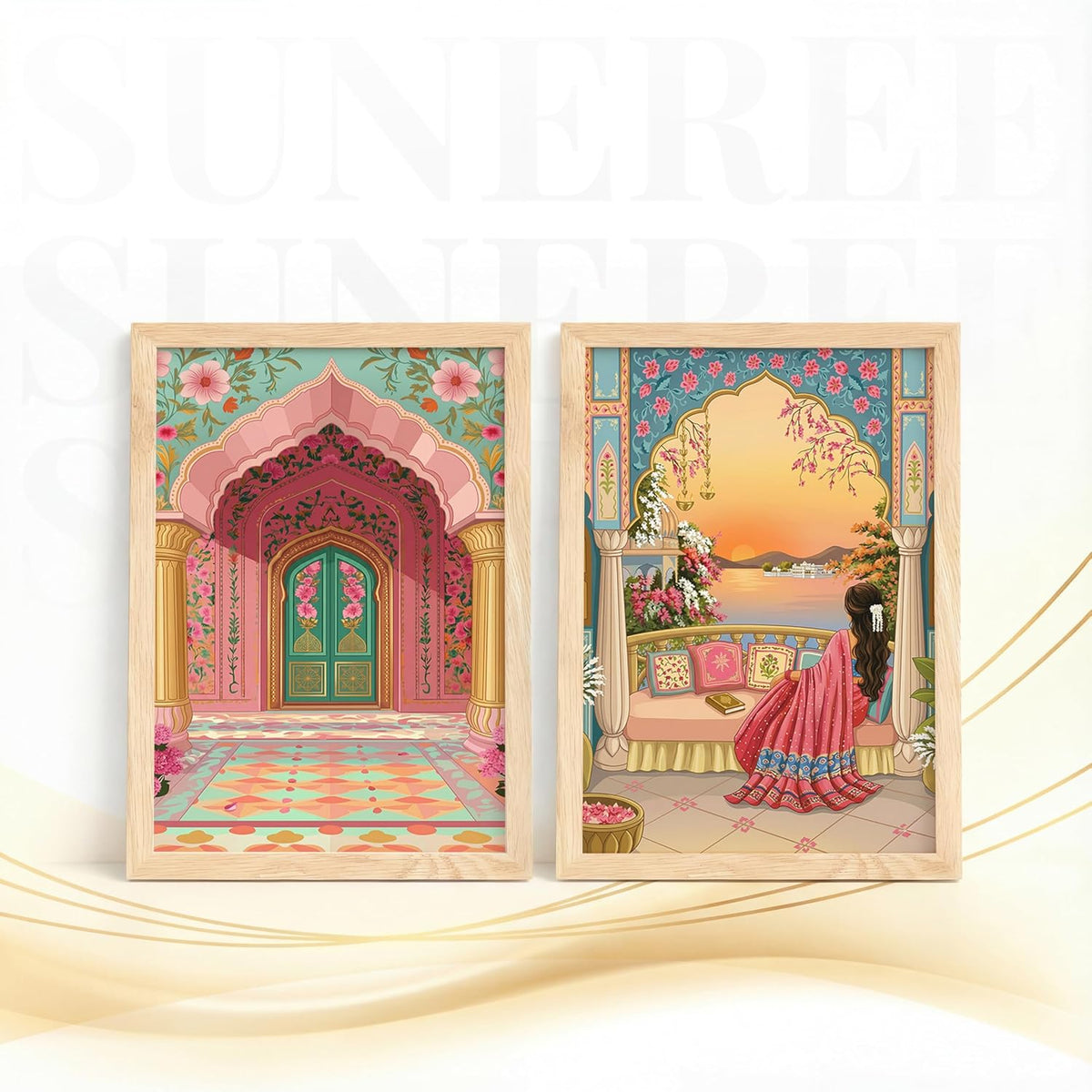 Rajasthani Woman Balcony Lake View Wall Art Painting | Set of 2 Framed Paintings | Indian Aesthetic Decor for Living Room Bedroom Home Office | (ART 1, 13x19 INCHES)
