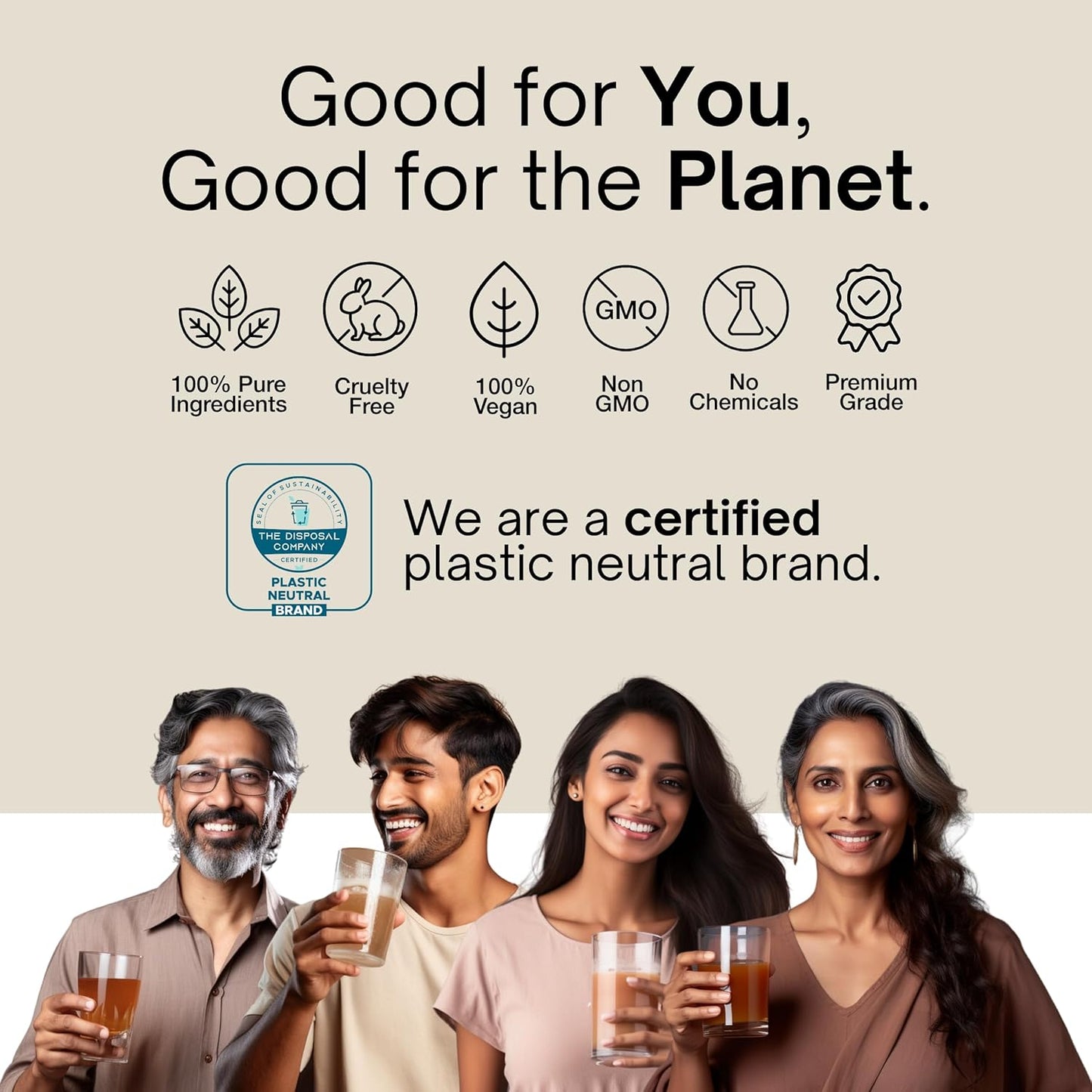 Group of people holding drinks with sustainability certification logos and text on a beige background