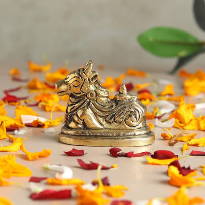 Handcrafted Brass Nandi Murti | Sacred Bull Idol for Shiva Pooja & Home Temple | Traditional Hindu Devotional Statue (Design01: L5 x W3 x H4.5 cm)