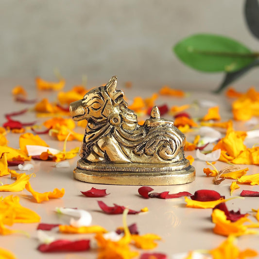 Handcrafted Brass Nandi Murti | Sacred Bull Idol for Shiva Pooja & Home Temple | Traditional Hindu Devotional Statue (Design01: L5 x W3 x H4.5 cm)