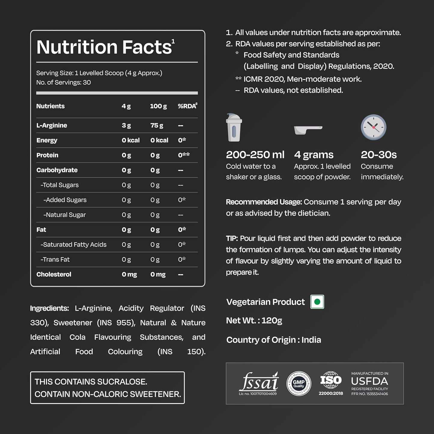 Nutrition facts label for a supplement on a black background