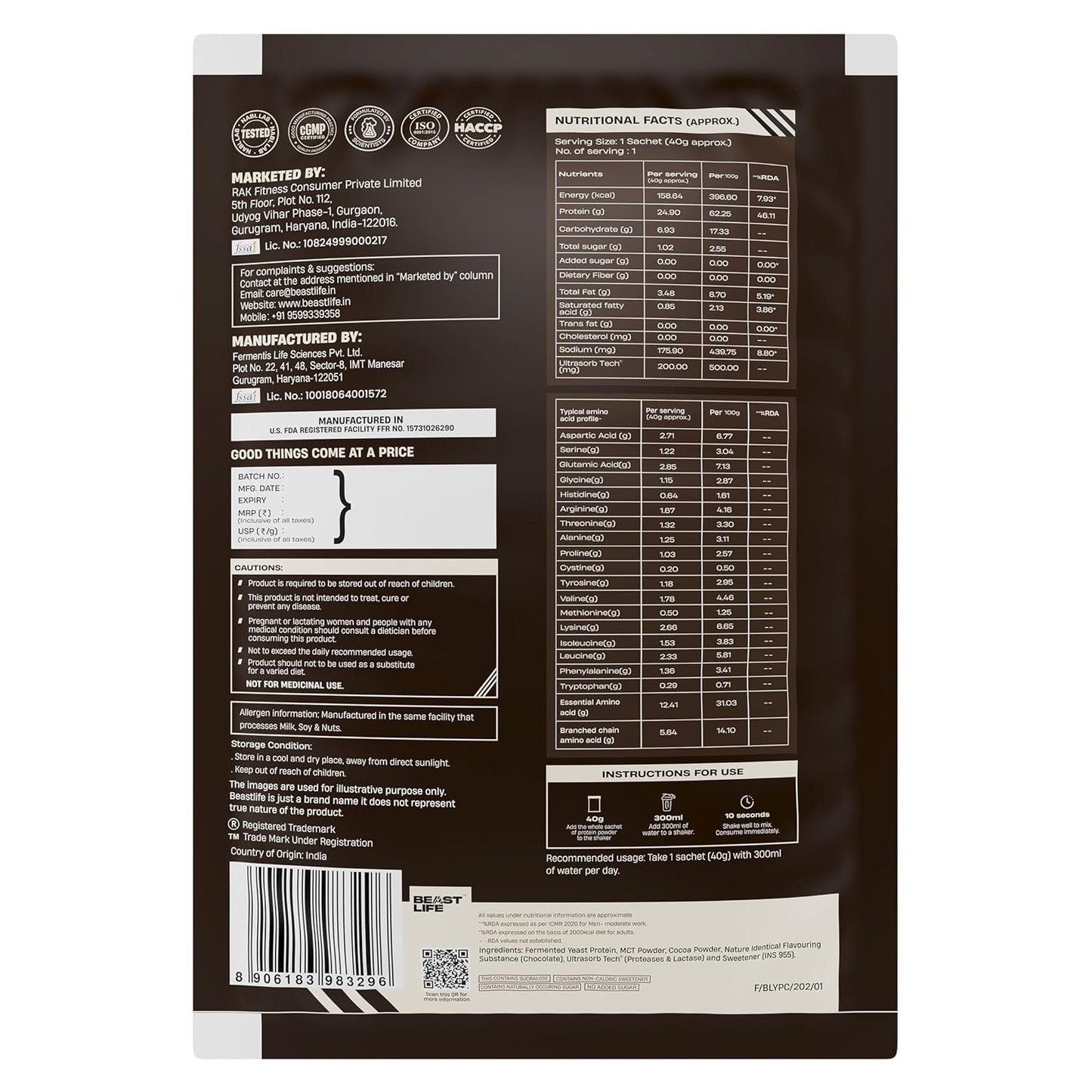 BeastLife Performance Yeast Protein Powder | 25g Protein | Chocolate | Free Shaker | NABL Lab Certified | High Absorption | Ultrasorb Tech | 5.64g BCAA | Beta Glucan | Gut & Immune Support | Pack of 5 | 200g