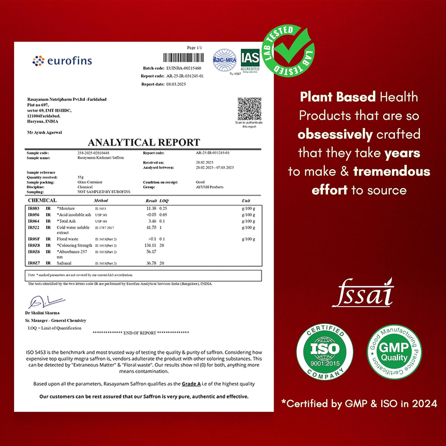 Analytical report with Eurofins and FSSAI logos on a red background