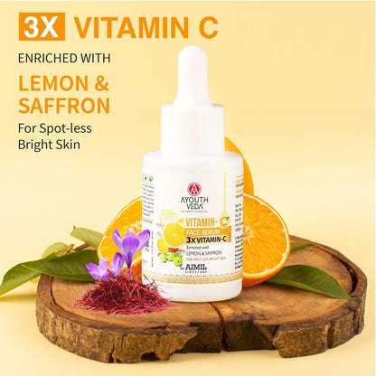 Ayouthveda Vitamin-C Face Serum With 3X Vitamin-C | Reduce Discoloration and Enhance Radiance | Enriched with Lemon, Saffron, Orange & Gooseberry | For Spot-less Bright Skin - 30 ml