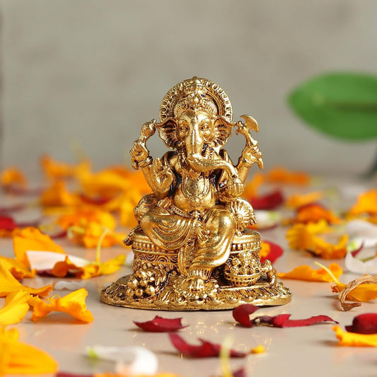 Brass Ganesh Ji Idol for Pooja Room | Small Brass Ganpati Murti for Home Temple | Decorative Lord Ganesha God Statue (Design04: L4 x W3 x H5 cm)