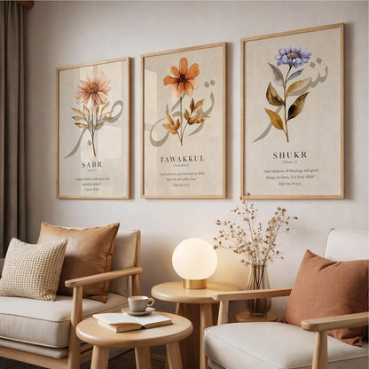 Islamic Wall Art Set of 3 Framed Paintings for Living Room | Sabr Tawakkul Shukr Arabic Calligraphy Floral Wall Frames | Muslim Home Decor Elegant Quote Wall Painting (Design 8, 13x19 INCHES)