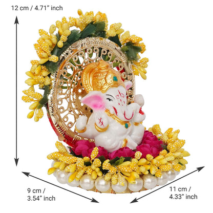 Resin Handcrafted Lord Ganesha Idol on Yellow Floral Decorative Plate| Ganesha Idol for Home Decor Car Dashboard| Ganesha Statue|Ganpati Murti Gift for Diwali Ganesh Chaturthi Housewarming