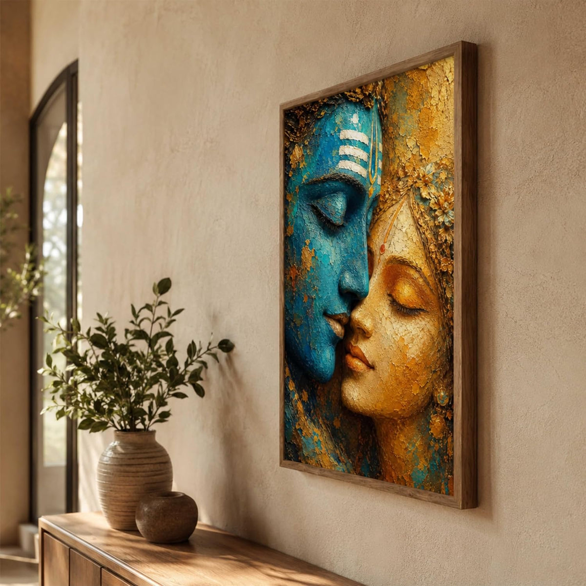 Radha Krishna Face Wall Painting for Living Room Bedroom Hall Office Decor, Divine Love Artwork with Sparkle Laminate and Premium Wooden Synthetic Frame (13.5 x 19.5 Inch) NM01-4109