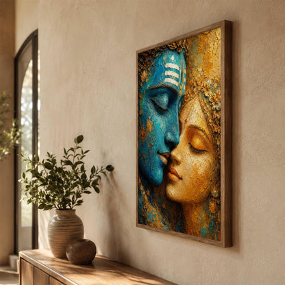 Radha Krishna Face Wall Painting for Living Room Bedroom Hall Office Decor, Divine Love Artwork with Sparkle Laminate and Premium Wooden Synthetic Frame (13.5 x 19.5 Inch) NM01-4109