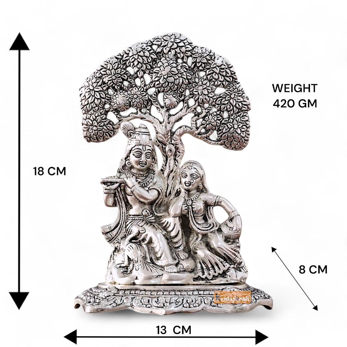 KridayKraft Metal Radha Krishna Idol with Under Tree Decorative Showpiece Statue for Puja Room Home Office Desk Gift Items Ornate Metal Sculpture of Hindu Deities, 18 cm Height Silver