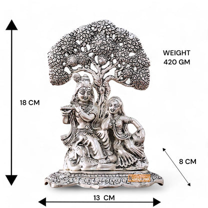 KridayKraft Metal Radha Krishna Idol with Under Tree Decorative Showpiece Statue for Puja Room Home Office Desk Gift Items Ornate Metal Sculpture of Hindu Deities, 18 cm Height Silver