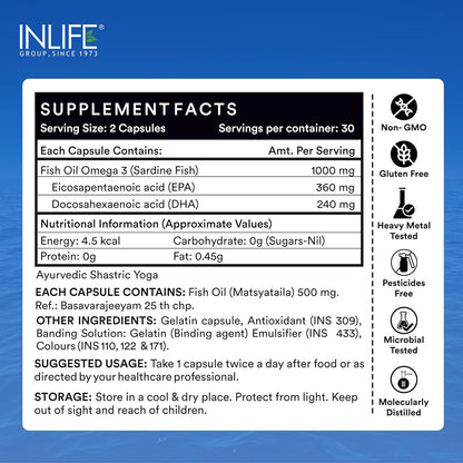 INLIFE Fish Oil Omega 3 Capsule 1000mg | Double Strength | Supplement for Heart, Brain and Joint Health for Men Women | EPA:DHA - 360:240-60 Liquid Filled Capsules