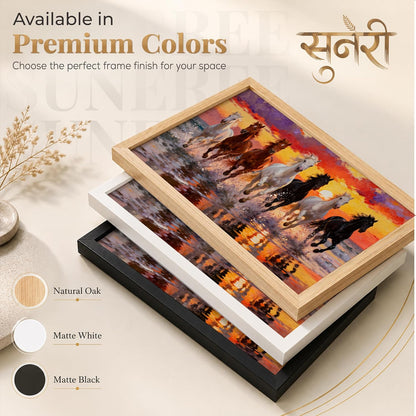 7 Horse Vastu Wall Painting for Living Room – Running Seven Horses Landscape Framed Wall Art | Premium Wooden Frame Home & Office Decor (Natural, Design 01, 13x19 Inch)