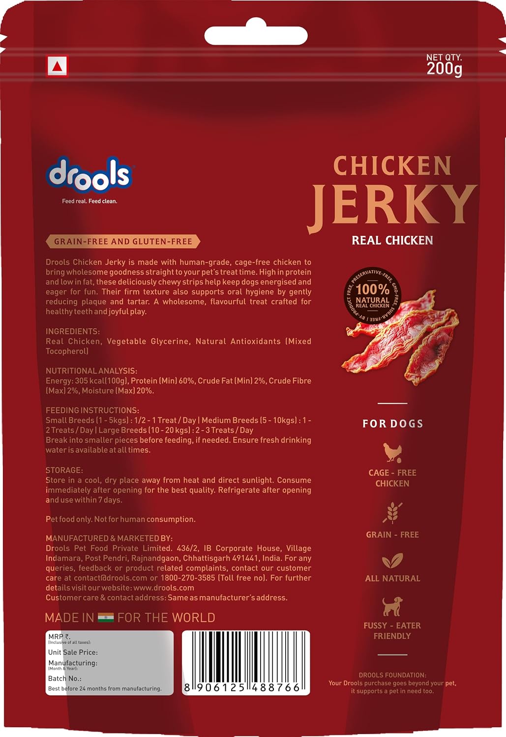 Drools Adult Dog Treat Chicken Jerky 200g | Real Chicken Flavour | No Grains | No Gluten | Prevent Food Allergy or Sensitivity | Firm Texture | Chewy Nature