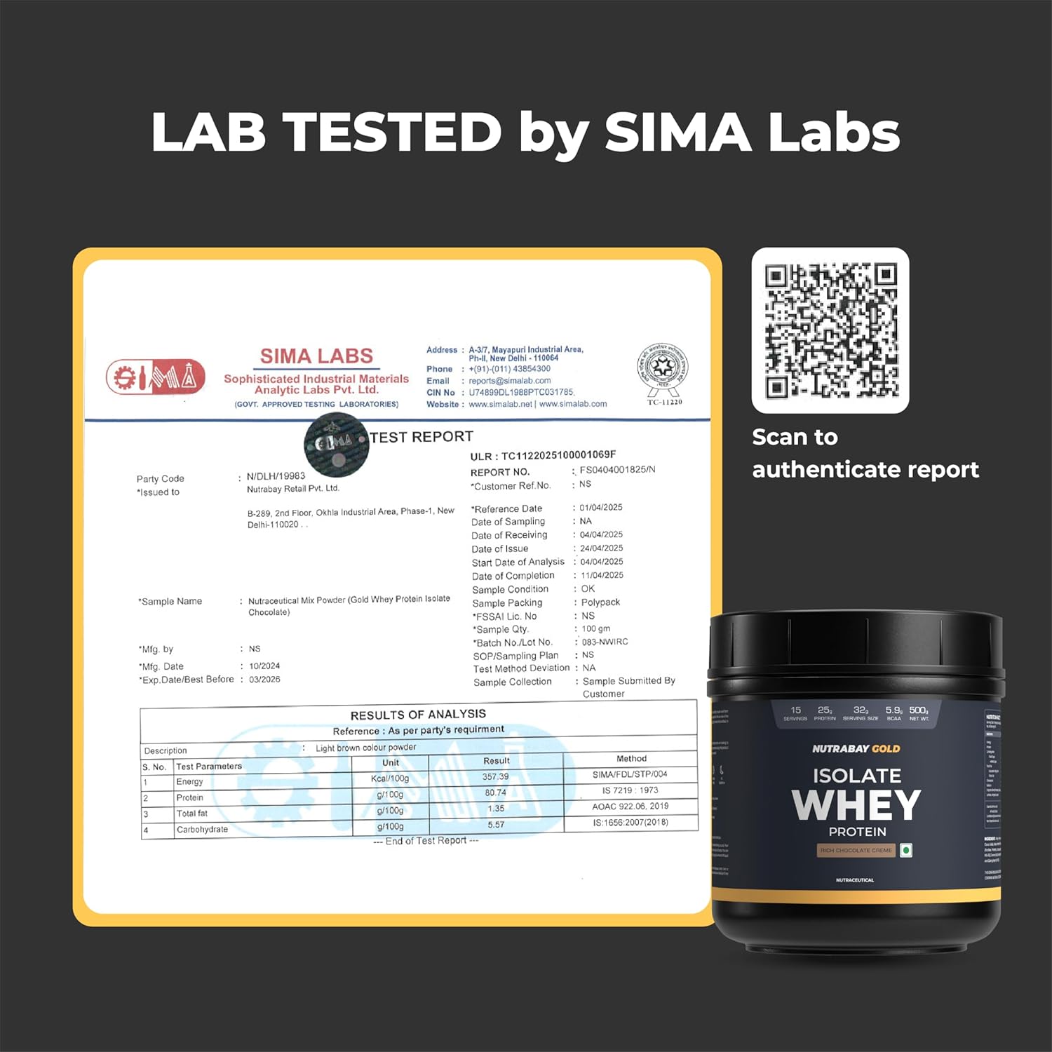 Nutrabean Gold Isolate Whey Protein container with SIMA Labs test report and QR code on a dark background