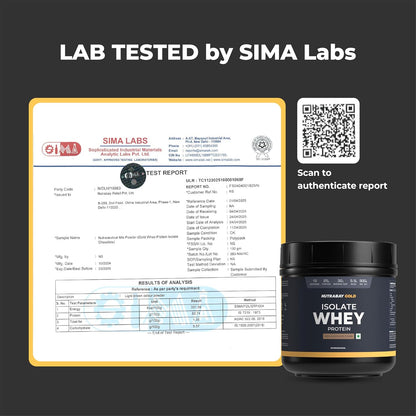 Nutrabean Gold Isolate Whey Protein container with SIMA Labs test report and QR code on a dark background