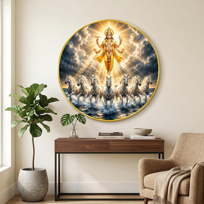 Lord Vishnu 7 Horse Round Wall Painting with Premium PVC Golden Frame, Divine Surya Vastu Art, Hindu Religious Home Decor for Living Room Prayer Room (20 x 20 Inch) GRL-447