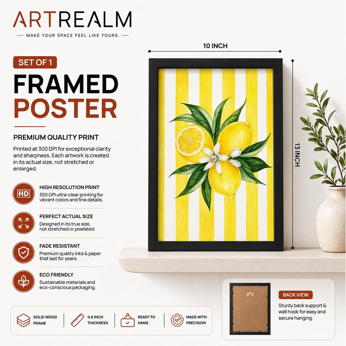 Lemon Wall Art Framed Painting for Home Decor, Citrus Fruit Botanical Artwork Wall Decor for Living Room Bedroom Kitchen Dining Room, Yellow Retro Aesthetic Room Decoration (DGN07-Black10x13 inch)