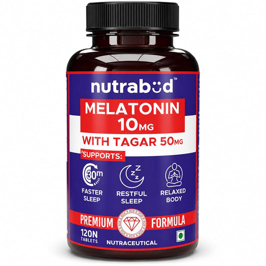 nutrabud Melatonin 10 Mg - 120 Veg Tablets - For Sleep Support,Nerve Relaxation,And Stress Relief - Non-Habit Forming For Men & Women (120 Count (Pack Of 1),Unflavoured),120 Capsule