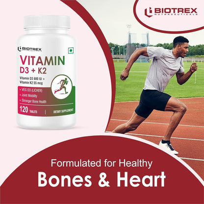 Biotrex Nutraceuticals Vitamin D3 600 IU + K2 MK7 Supplement For Advance Bone Health & Heart Health - 120 Veg Tablets
