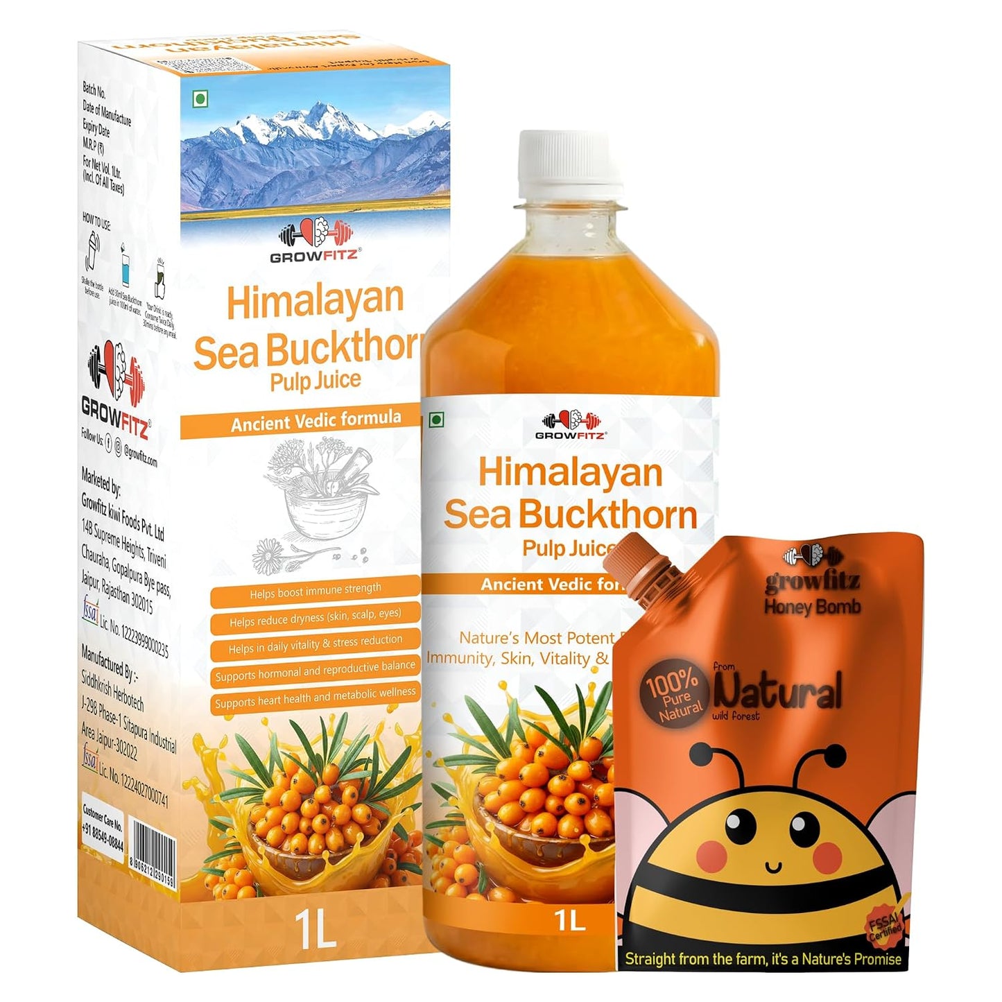 Growfitz Sea Buckthorn Pulp Concentrate 1L + Wild Forest Honey (Pouch) — Rich Natural Vitamin C, Antioxidants & Omega-7 | Cold-Pressed | Supports Immunity, Skin Glow & Gut Health | No Added Sugar