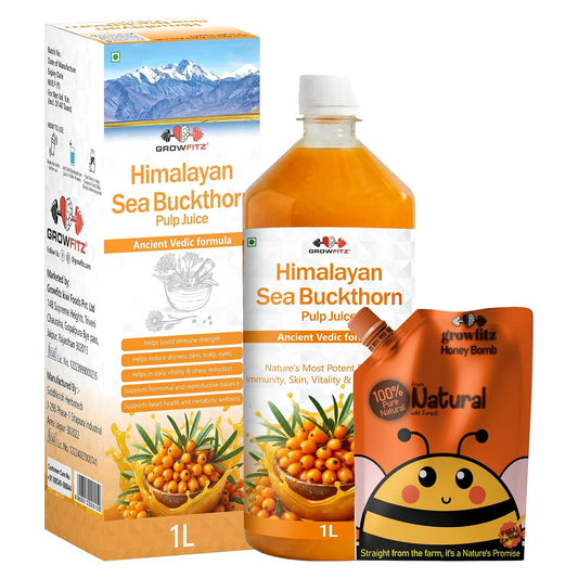 Growfitz Sea Buckthorn Pulp Concentrate 1L + Wild Forest Honey (Pouch) — Rich Natural Vitamin C, Antioxidants & Omega-7 | Cold-Pressed | Supports Immunity, Skin Glow & Gut Health | No Added Sugar