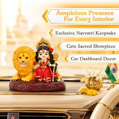 Bal Durga Idol, 8 cm Hand Painted Resin Maa Durga Murti with Lion, Trishul & Traditional Details, Durga MATA Statue for Home Mandir, Pooja Room, Car Dashboard & Decor
