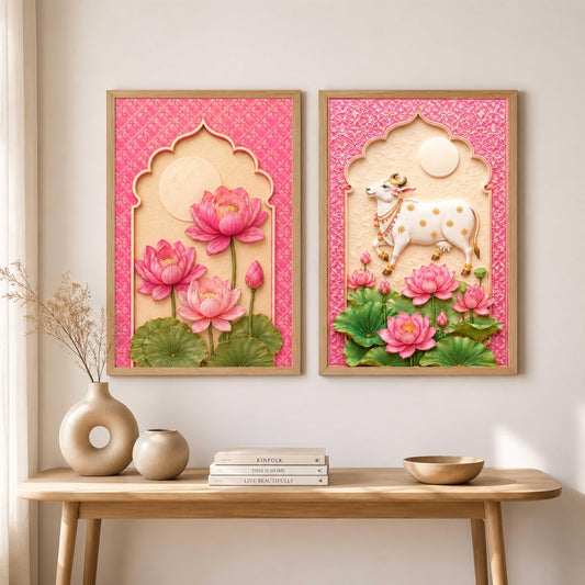 Set of 2 Kamdhenu Cow Lotus Wall Paintings with Sparkle Laminate, Premium Wooden Synthetic Frame, Pink Spiritual Floral Art for Living Room Bedroom Decor (13.5 x 19.5 Inch) NM02-183