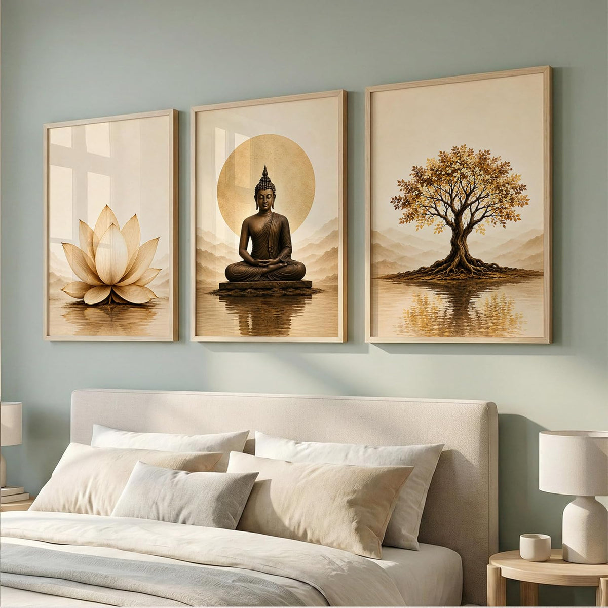 Wooden Frame Buddha Wall Art Set of 3, 13x19 Inches, for Meditation, Home, Bedroom, Office, and Spiritual Decor