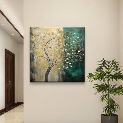 Abstract Tree Wall Art Canvas, Teal and Gold Botanical Painting, Modern Home Decor, 2-Tone Design 16 Inch x 16 Inch CVS-38116