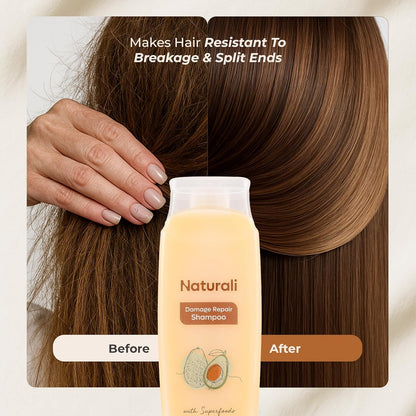 Before and after comparison of hair with Naturali shampoo, showing improved resistance to breakage and split ends.
